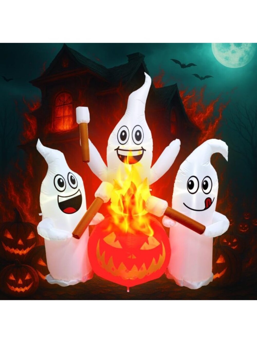 6FT Halloween Inflatable Ghosts | Cute Marshmallow Roasting Decor with LEDs